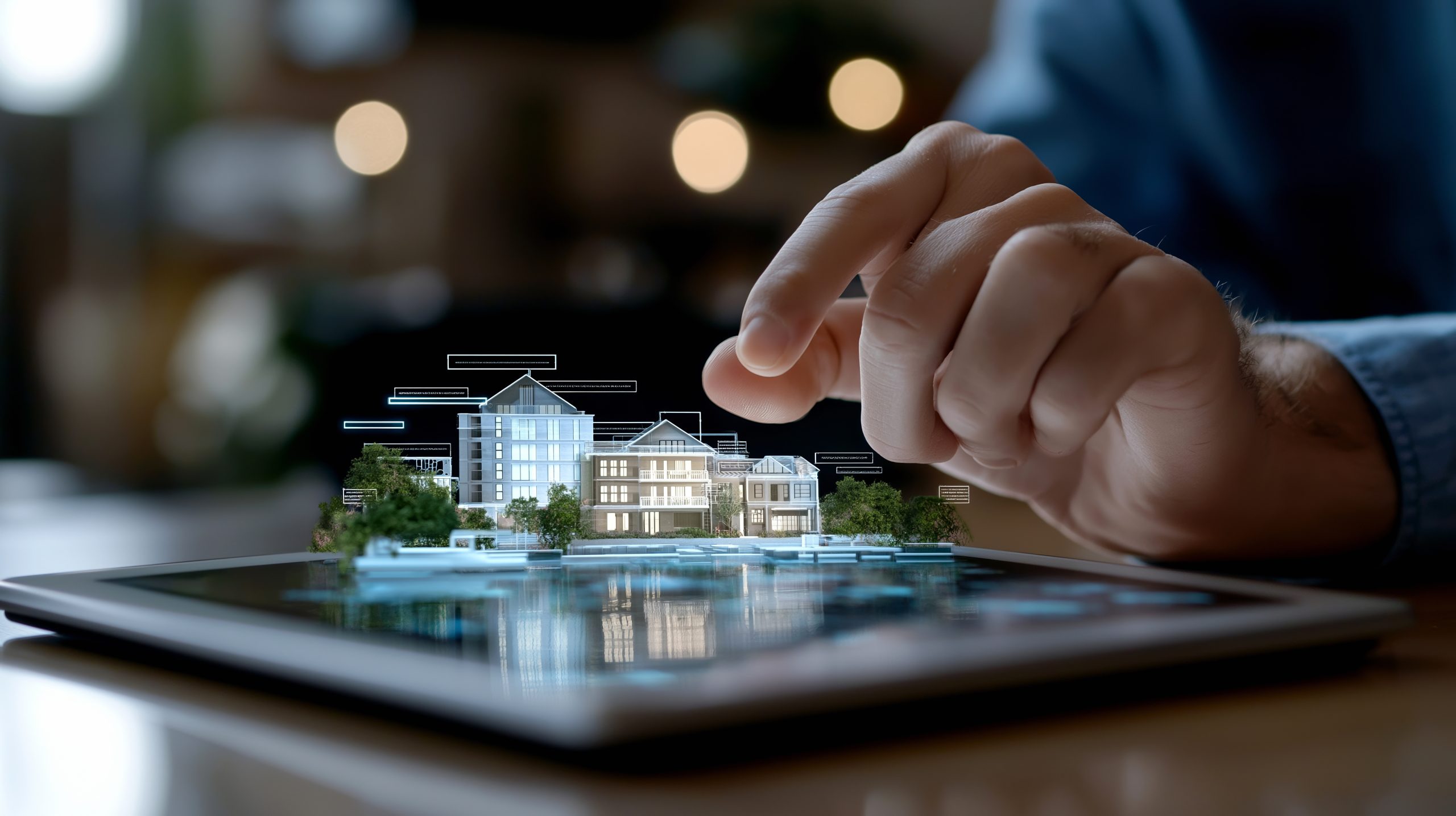 (Descrição da imagem: a imagem mostra uma mão direita, com a ponta do dedo indicador estendida, pairando sobre um tablet de cor escura, que está posicionado horizontalmente sobre uma superfície de madeira clara. Do tablet, projeta-se uma maquete digital tridimensional de um conjunto de casas e edifícios, com algumas árvores e vegetação. As estruturas digitais parecem estar iluminadas por dentro, e há linhas e retângulos luminosos azuis flutuando ao redor delas, sugerindo dados ou informações. Ao fundo, desfocado, há uma pessoa vestindo uma camisa azul e luzes circulares e desfocadas, que parecem ser de lâmpadas. Fim da descrição)