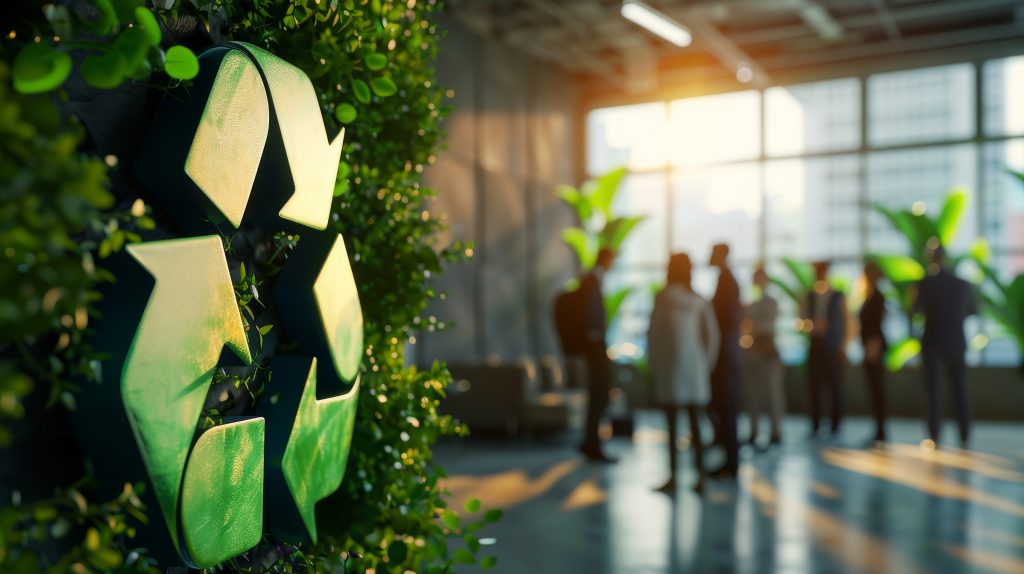 (Descrição da imagem: a imagem mostra um ambiente de escritório moderno. Em primeiro plano, à esquerda, há uma parede coberta por plantas verdes, da qual se destaca um grande símbolo de reciclagem tridimensional, também verde. Ao fundo, o ambiente está mais desfocado. Vê-se um grupo de pessoas em pé, vestidas com roupas de trabalho, conversando. O espaço é amplo, com grandes janelas que vão do chão ao teto, permitindo a entrada de uma luz solar intensa que ilumina o local e cria reflexos no piso. Há também algumas plantas maiores espalhadas pelo escritório. Fim da descrição).