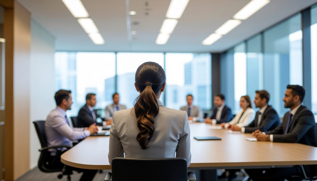 (Descrição da imagem: A imagem mostra uma sala de reuniões moderna, vista por trás de uma mulher que está sentada à cabeceira de uma grande mesa de conferência de madeira clara. A mulher tem cabelos castanhos compridos, presos em um rabo de cavalo, e veste um blazer cinza. Do outro lado da mesa, sentadas, estão sete outras pessoas, a maioria homens, vestindo trajes de negócios, como ternos e camisas. Eles estão de frente para a mulher, e alguns olham em sua direção. A sala tem grandes janelas de vidro ao fundo, que revelam uma vista de edifícios da cidade. O teto é branco e possui longas luminárias embutidas. O ambiente é claro e profissional. Fim da descrição).