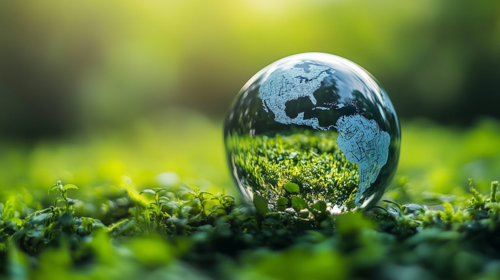 (Descrição da imagem: A imagem mostra um globo de vidro transparente, com o mapa-múndi gravado em sua superfície, destacando os continentes da América do Norte e do Sul. O globo está apoiado sobre uma camada de musgo e pequenas plantas verdes. A vegetação em primeiro plano está em foco, mostrando detalhes das folhas e da textura do musgo. O fundo está desfocado, com uma iluminação suave e quente, sugerindo a luz do sol filtrada através de folhagens. A imagem inteira é dominada por tons de verde. Fim da descrição).