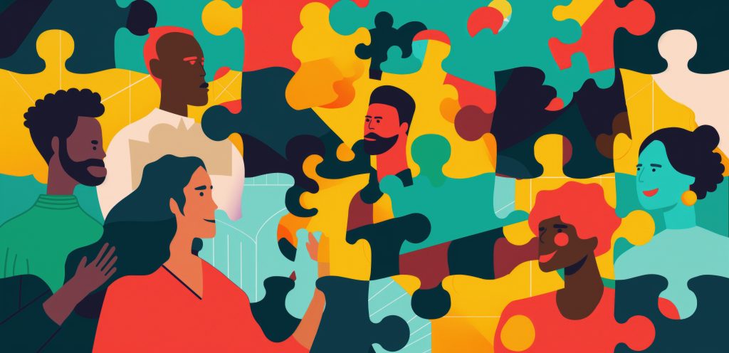 (Descrição da imagem: A imagem é uma ilustração colorida e estilizada que mostra um grupo de pessoas diversas sobre um fundo composto por grandes peças de quebra-cabeça. As pessoas, desenhadas em um estilo gráfico, representam uma variedade de etnias e aparências. Entre elas, há homens e mulheres com diferentes tons de pele, cores de cabelo e estilos, como um homem com barba e outro com cabelo vermelho. As figuras estão espalhadas pela composição, algumas de perfil e outras olhando para a frente. O fundo é formado por peças de quebra-cabeça de várias cores, principalmente amarelo, verde-azulado e vermelho, que se encaixam umas nas outras. Algumas peças estão sobrepostas às figuras, e as próprias figuras parecem fazer parte do quebra-cabeça, integrando-se ao fundo. A paleta de cores é vibrante e contrastante. Fim da descrição).