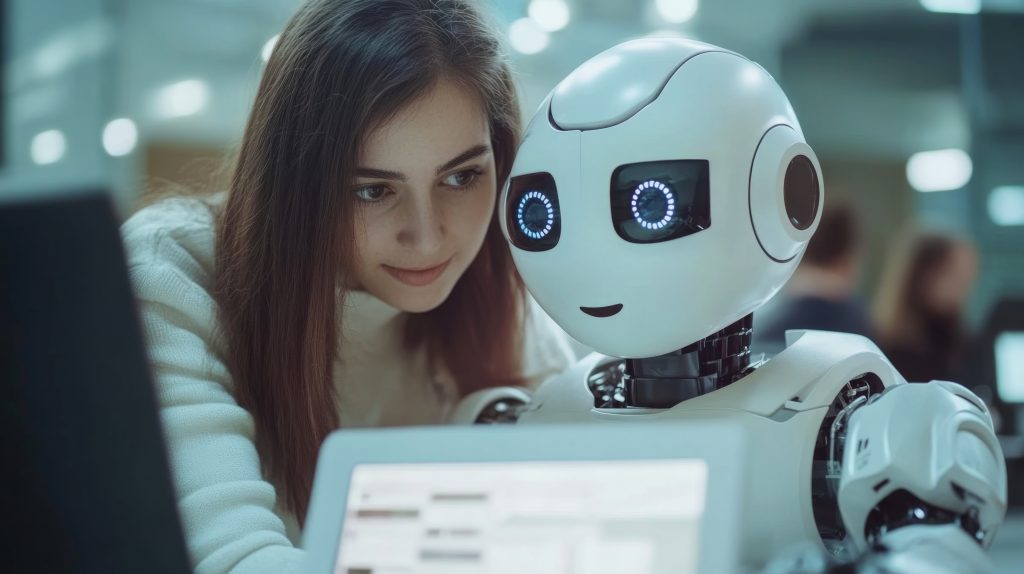 (Descrição da imagem: A imagem mostra uma jovem mulher e um pequeno robô humanoide sentados lado a lado, em um ambiente que parece um laboratório ou sala de aula de tecnologia. A mulher, à esquerda, tem cabelos castanhos compridos e lisos e veste um suéter branco. Ela está inclinada em direção ao robô, olhando para ele com um leve sorriso, enquanto ambos observam a tela de um dispositivo eletrônico à frente deles. O robô, à direita, é branco e tem um design amigável. Sua cabeça é redonda, com dois grandes olhos circulares que brilham com luzes azuis. Ele tem uma pequena boca desenhada em forma de sorriso. O robô está posicionado em frente a uma tela, que parece ser um tablet ou parte de seu próprio sistema. O fundo está desfocado, mas é possível ver outras pessoas e equipamentos de computador, com uma iluminação geral em tons de azul e branco. Fim da descrição.)