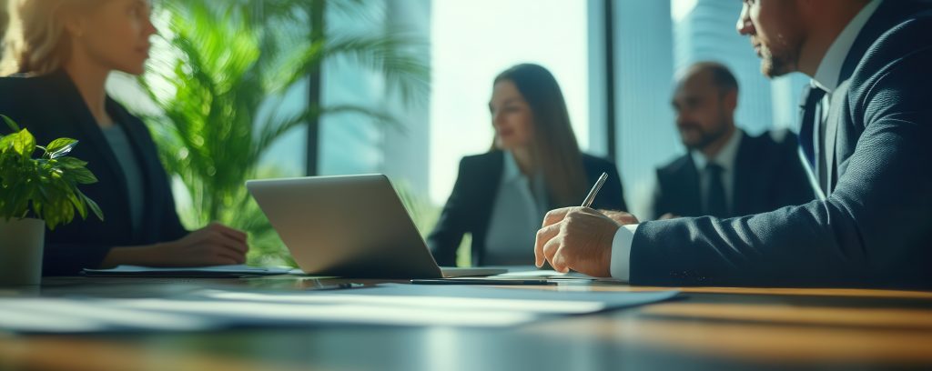 (Descrição da imagem: A imagem captura uma cena de reunião de negócios, com o foco na mesa e nas pessoas ao redor dela. Em primeiro plano, a superfície de uma mesa de madeira está parcialmente coberta por papéis. A mão de um homem, vestindo um terno escuro, segura uma caneta, como se estivesse prestes a escrever ou assinar um documento. Ao redor da mesa, há outras três pessoas, todas vestindo trajes de negócios. À esquerda, uma mulher de perfil está sentada em frente a um laptop aberto. Ao fundo, duas outras pessoas, um homem e uma mulher, estão sentadas, mas suas imagens estão desfocadas. O ambiente é um escritório bem iluminado, com grandes plantas verdes visíveis ao fundo, perto de janelas que deixam entrar a luz do dia. A imagem tem um tom geral azulado e profissional. Fim da descrição.)