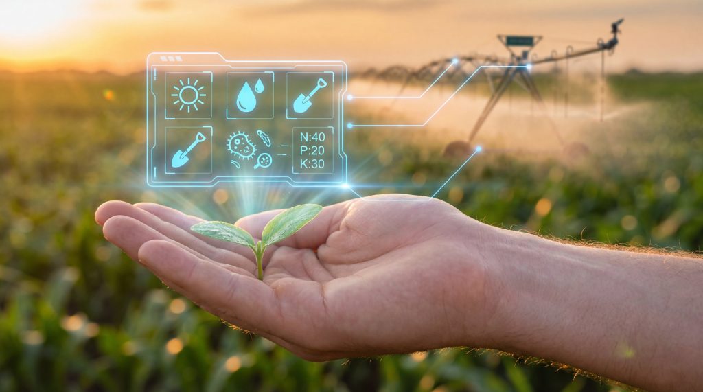 (Descrição da imagem: A imagem mostra a mão de uma pessoa segurando uma pequena planta em uma lavoura ao pôr do sol. Em primeiro plano, uma mão aberta, com a palma para cima, segura delicadamente um pequeno broto verde com duas folhas. Acima da mão, flutua uma interface digital transparente e luminosa, de cor azulada. A interface exibe vários ícones relacionados à agricultura: um sol, uma gota d'água, uma pá, um ícone de micróbios, dados de nutrientes do solo. Linhas digitais conectam essa interface a um grande sistema de irrigação por pivô central, que está ao fundo, borrifando água sobre a plantação. O fundo da imagem é uma vasta plantação verde, com o sol se pondo no horizonte, criando uma luz dourada e quente que ilumina toda a cena. Fim da descrição).