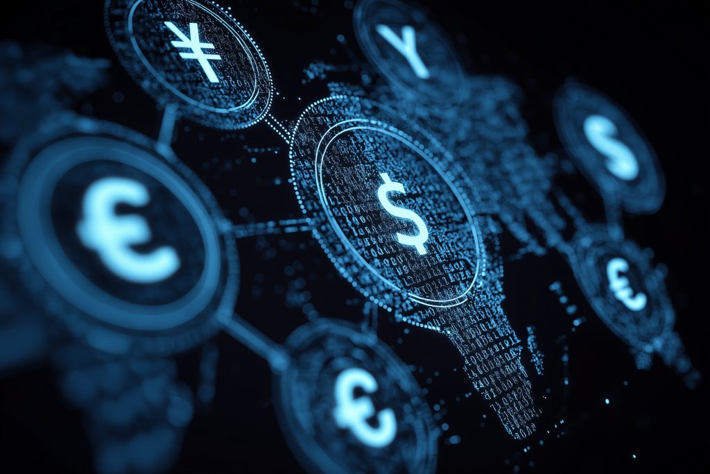 (Descrição da imagem: A imagem é uma representação digital e tecnológica de um sistema financeiro global, apresentada sobre um fundo preto. No centro da composição, destaca-se um círculo brilhante de cor azul-claro contendo o símbolo do cifrão ($). O interior deste círculo é preenchido por pequenos caracteres e números que lembram códigos digitais ou dados binários em constante movimento.
Conectados ao círculo central por linhas luminosas, há outros círculos menores que formam uma rede interligada. Estes círculos contêm símbolos de diversas moedas mundiais, como o Euro (€) e o Iene ou Yuan (¥), distribuídos de forma a sugerir uma conexão global. O fundo da imagem exibe um mapa-múndi estilizado, construído a partir de milhares de pequenos pontos de luz azulada, reforçando a ideia de uma infraestrutura de dados que abrange todo o planeta. A imagem utiliza um efeito de profundidade de campo, onde os elementos centrais estão em foco nítido, enquanto os círculos e as partes do mapa nas extremidades aparecem levemente desfocados. A paleta de cores é composta quase inteiramente por tons de azul escuro e ciano vibrante, conferindo à cena um aspecto futurista e de alta tecnologia. Fim da descrição.)