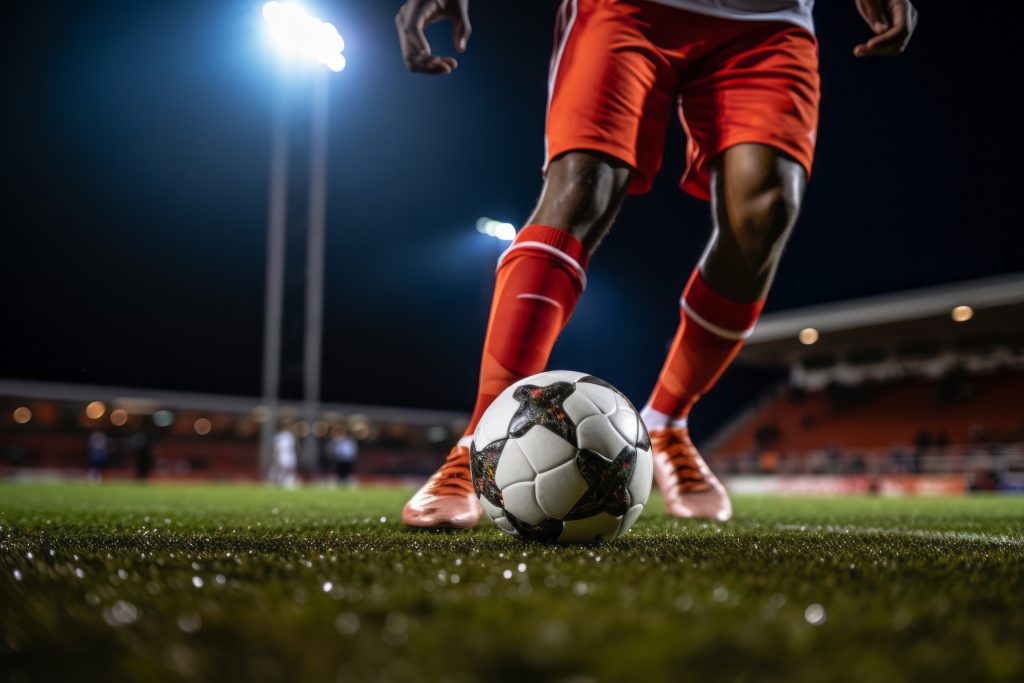 (Descrição da imagem: a imagem mostra um campo de futebol à noite e uma bola branca com detalhes pretos está sobre o gramado, em primeiro plano. Logo atrás, uma pessoa com uniforme vermelho, meias vermelhas e chuteiras claras posiciona as pernas ao redor da bola. Seu corpo aparece apenas da cintura para baixo. Ao fundo, desfocados, estão as arquibancadas e os refletores acesos do estádio. A imagem foi registrada próxima ao nível do gramado, destacando a bola e a postura da pessoa. Não há texto visível. Fim da descrição.)